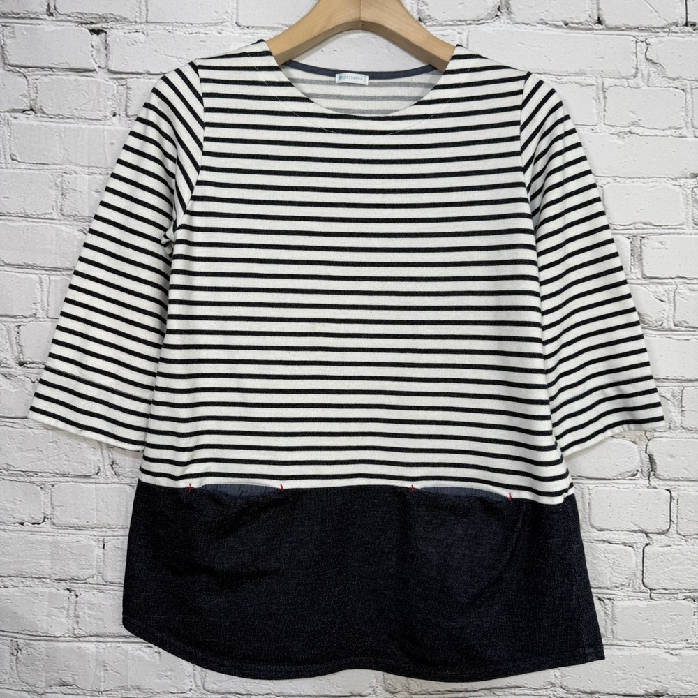 Persodea Womens Striped Top L Black White Block‎ Colorblock 3/4 Sleeve Pockets